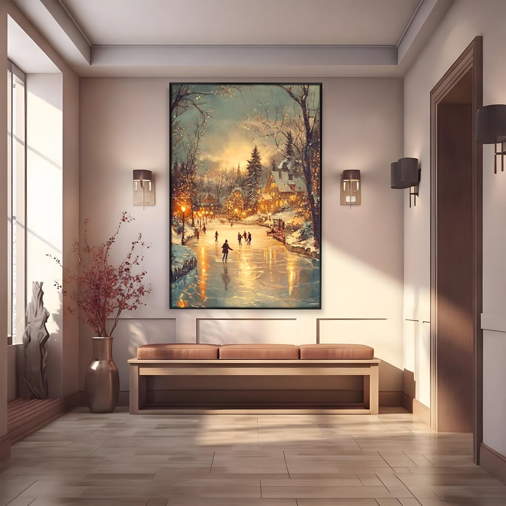 Tablou canvas cu pictura cu patinatori pe gheata de iarna, in rama de aluminiu negru